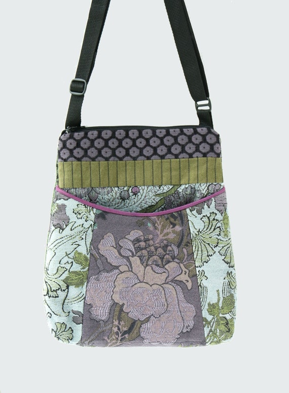 Tapestry Adjustable Bag in Silver and Lavender Floral Jacquard Upholstery Fabric- One of a Kind