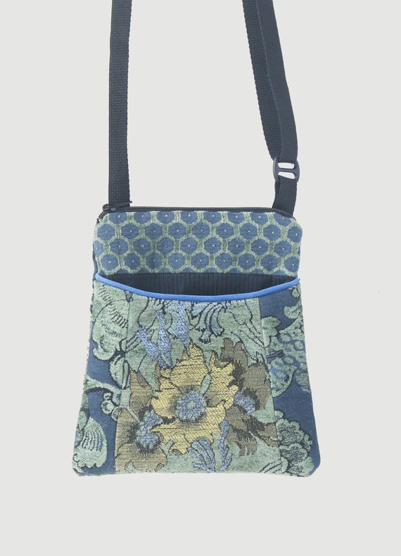 Dusk Adjustable Purse in Green and Blue Floral Jacquard Upholstery Fabric