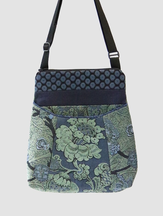Tapestry Adjustable Bag in Blue and Green Floral Jacquard Upholstery Fabric- One of a Kind