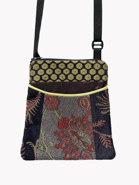 Adjustable Purse in Slate, Ebony and Olive Jacquard Upholstery Fabric- One of a Kind!