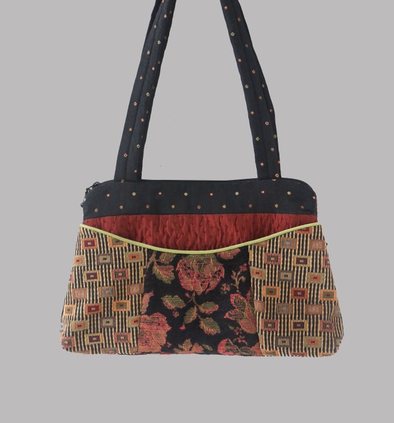 Carnival Nancie Purse in Beige and Black Floral Jacquard Upholstery Fabric