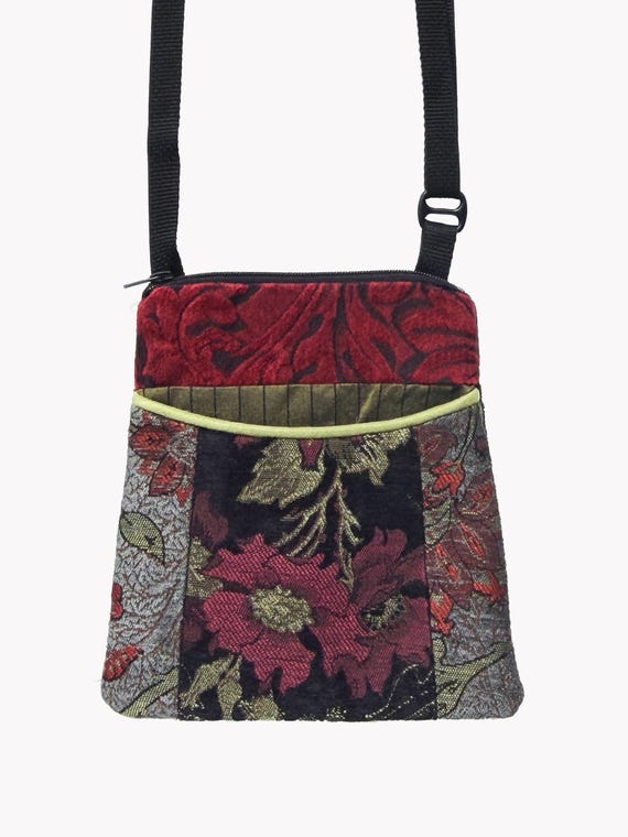 Adjustable Purse in Gray, Black and Crimson Jacquard Upholstery Fabric- One of a Kind!