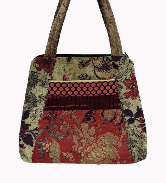 Tapestry Tote Bag in Rustic and Moss Jacquard Upholstery Fabric Large