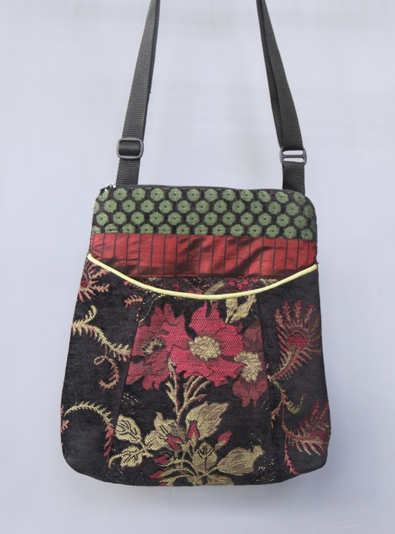 Madeira Tapestry Adjustable Bag in Black and Red Floral Jacquard Upholstery Fabric Large