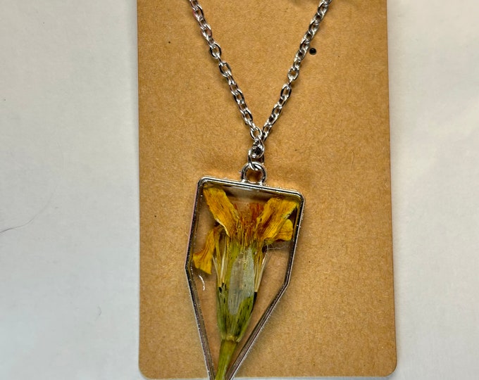 Real Pressed Marigold Flower Resin Necklace
