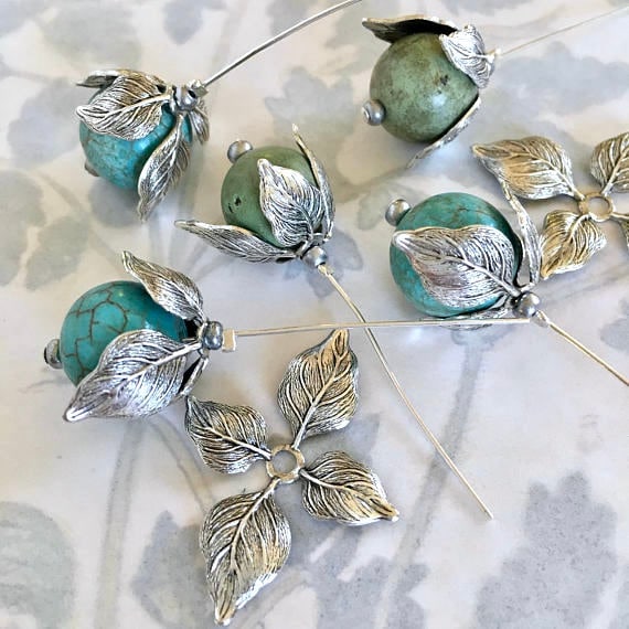 Antique Silver Plated Bead Caps, Nature Bead Caps, Leaf Findings, 18PCS,  USA Made. 