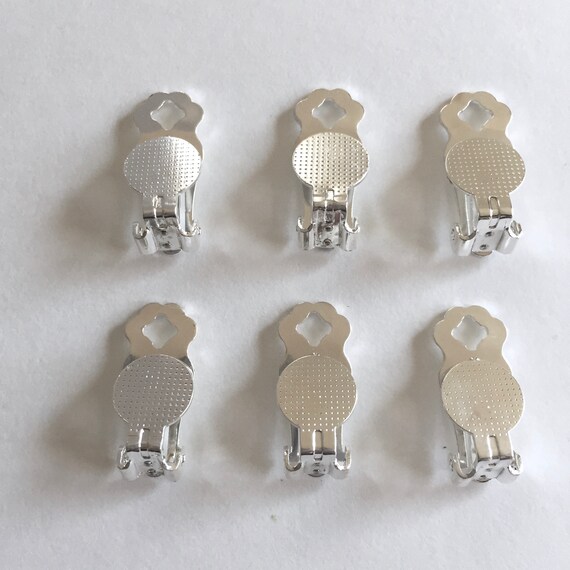 Silver Plated Clip on Earring Findings w/ 15mm Pad for Gluing (3 Pairs)