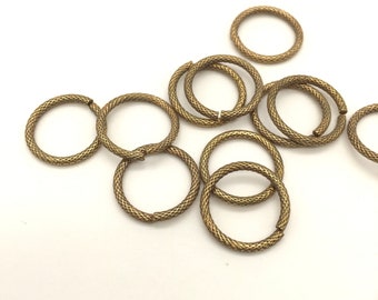 Fancy Textured Brass Jump Rings, 15mm, 12PCS