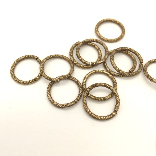 Fancy Textured Brass Jump Rings, 15mm, 12PCS