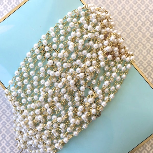 Vintage Glass Pearl Chain, Pearl Bead Chain, 4mm, 10FT