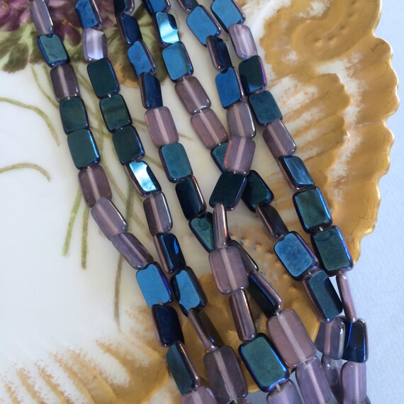 ヴィンテージチェコ製長方形ビーズ、アメジスト、ミッドナイトブルー