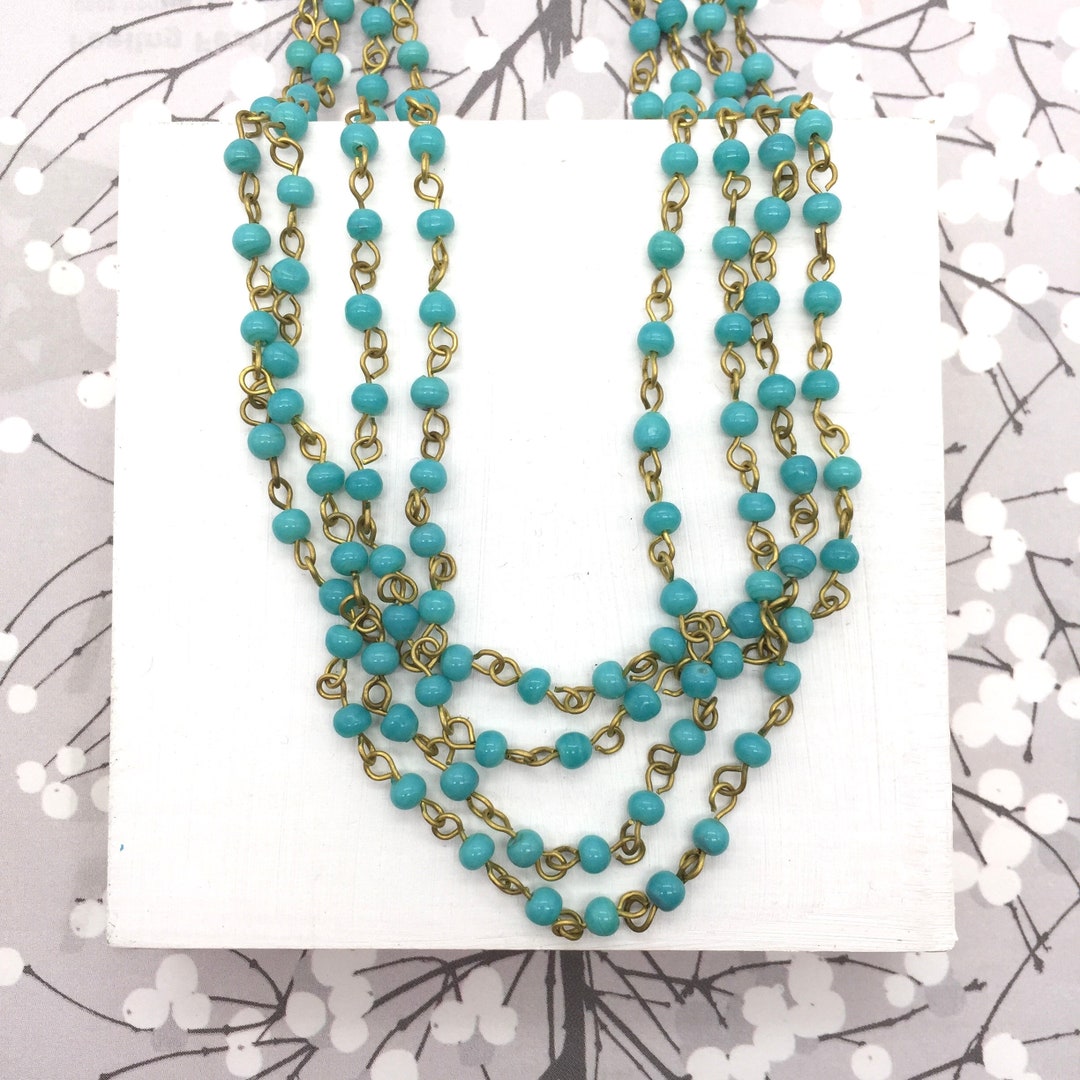 Collier Perles Laiton, Os Et Verre Bleu Turquoise – Modèle 2571, Occasion En état Neuf