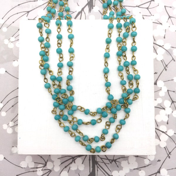 New Color! Antique Turquoise/Brass Glass Bead Necklace, 4mm, 5FT