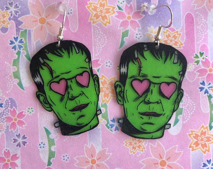 Frankenstein heart eye earrings