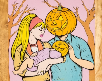 Pumpkin halloween family risograph print