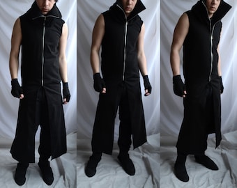 Sinister Sleeveless Hoodie ( long mens black dark sleeveless coat hunter hero trench cyberpunk gothic industrial post apocalyptic fashion)