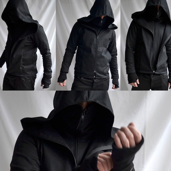 Dual Zipper Jacket ( mens dark black hoodie large hood custom fallout unique anime cyberpunk fantasy post apocalyptic ninja shinobi mask ))