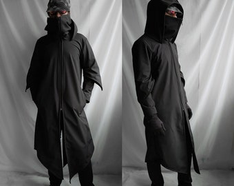Unnamed Coat - Hooded Mask Collar Coat, Black Cotton Canvas or Waterproof Softshell with Decorative Oversleeves