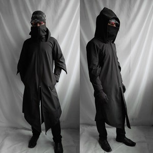 Unnamed Coat - Hooded Mask Collar Coat, Black Cotton Canvas or Waterproof Softshell with Decorative Oversleeves