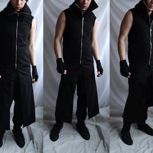 Sinister Sleeveless Hoodie ( long mens black dark sleeveless coat hunter hero trench cyberpunk gothic industrial post apocalyptic fashion)