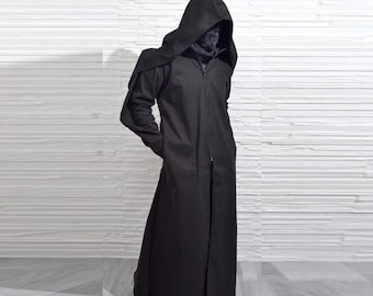Voidborn Coat — Black Gothic Hooded Long Coat, Dark Wizard Reaper Style