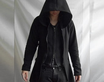 Demon Hoodie - Black Cotton Canvas, Slit Back Standing Collar Men's Jacket