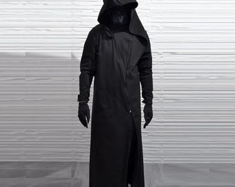 Heretic Coat: Black Gothic Hooded Long Coat, Asymmetric Reaper Design