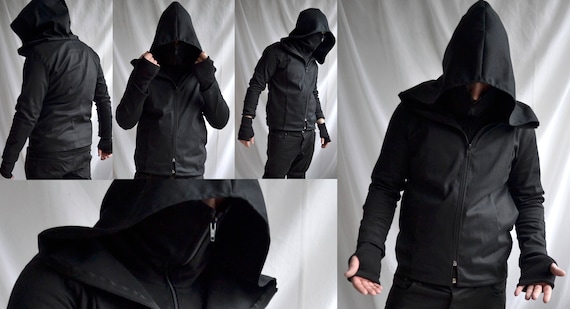 Dual Zipper Jacket Mens Dark Black Hoodie Large Hood Custom Fallout Unique  Anime Cyberpunk Fantasy Post Apocalyptic Ninja Shinobi Mask 