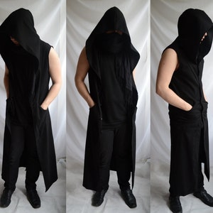 Netherworld Hoodie ( long sleeveless black mens coat summer cosplay larp fantasy gothic industrial post apocalyptic dark avantgarde fashion)