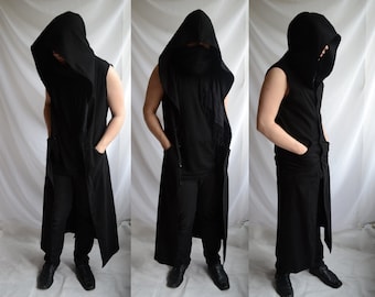 Netherworld Hoodie ( long sleeveless black mens coat summer cosplay larp fantasy gothic industrial post apocalyptic dark avantgarde fashion)