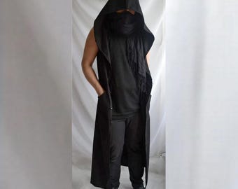 Netherworld Hoodie — Long Sleeveless Black Gothic Coat, Post Apocalyptic Avant Garde