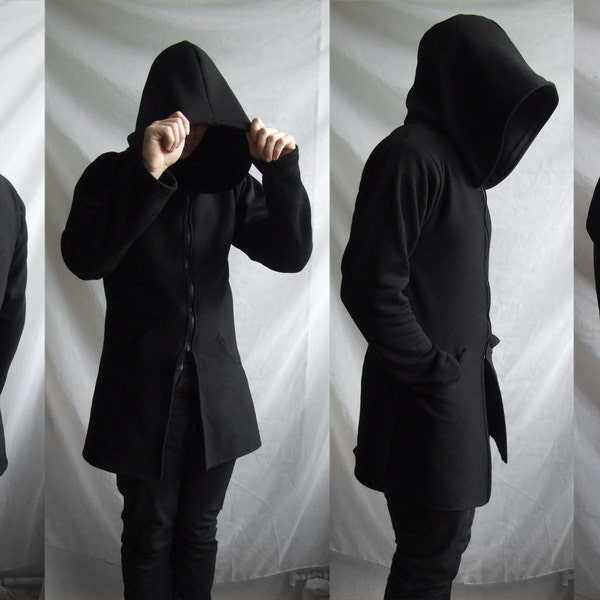 Sudadera con capucha Demon - Lona de algodón negra, cuello alto con abertura en la espalda para hombre