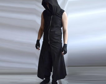 Sinister Sleeveless Hoodie ( long mens black dark sleeveless coat hunter hero trench cyberpunk gothic industrial post apocalyptic fashion)