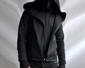 Dual Zipper Jacket ( mens dark black hoodie large hood custom fallout unique anime cyberpunk fantasy post apocalyptic ninja shinobi mask ))
