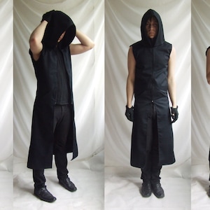 Sleeveless Reaper Hoodie (long mens black dark noir sleeveless trench fallout wasteland dystopic gothic industrial post apocalyptic fashion)
