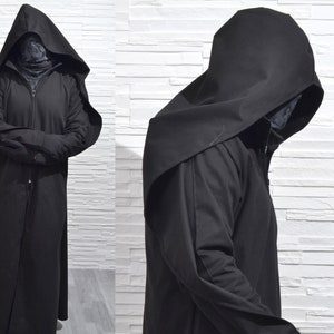 UNSAINT coat ( extra large hood mens black magic dark wizard longcoat regal reaper ritual long coat wiccan pagan witch craft plague doctor )