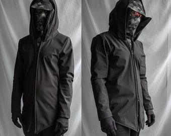 V-Style Jacket: Hooded  Black Cotton Canvas, High Collar Men's Jacket