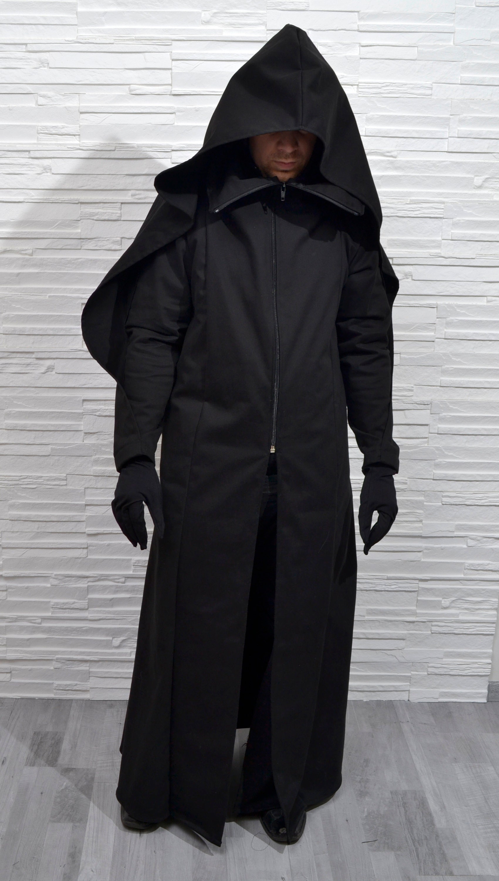 DARK VICAR Coat Large Hood Mens Black Dark Wizard Longcoat Regal