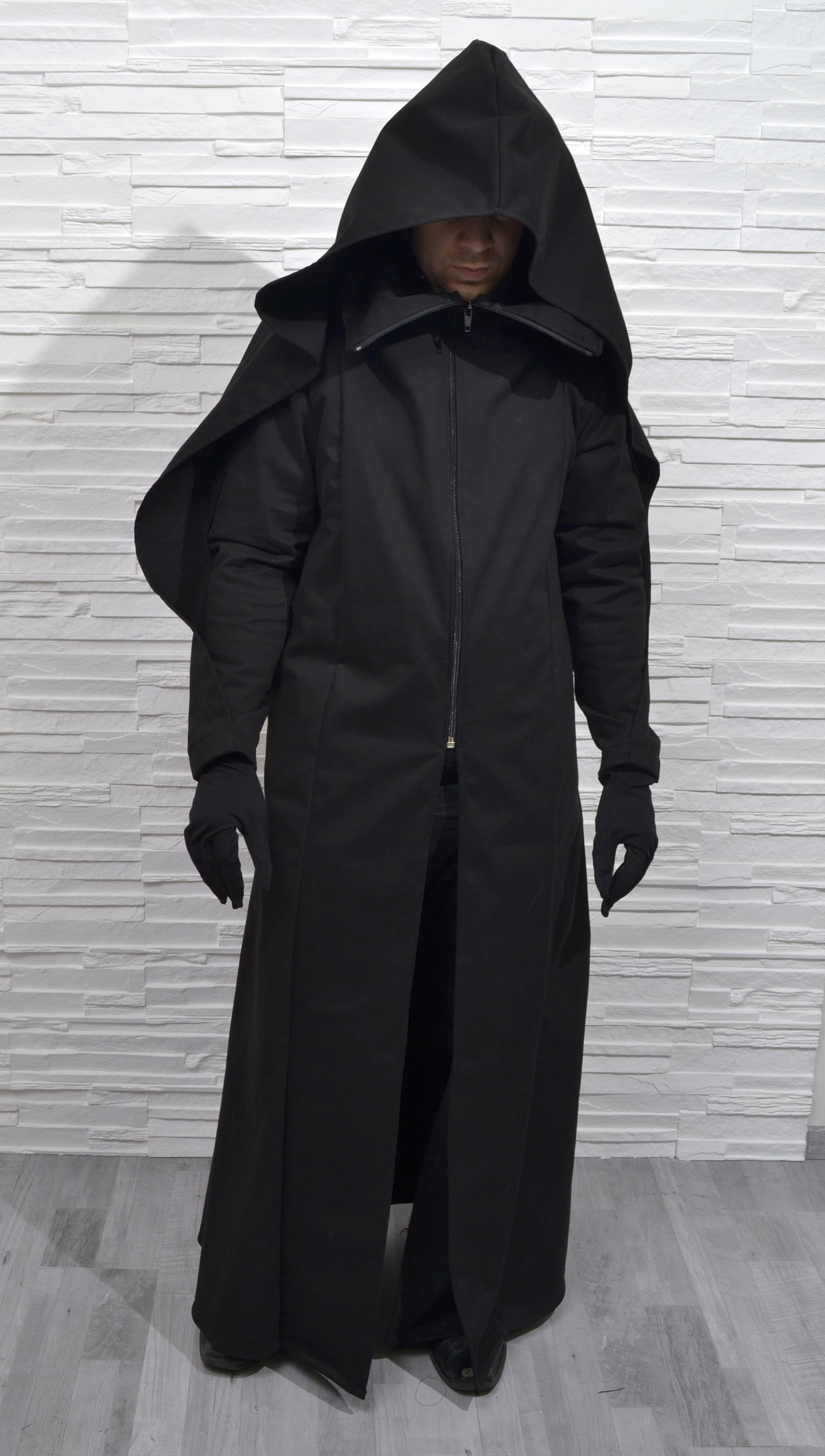 DARK VICAR Coat ( Large Hood Mens Black Dark Wizard Longcoat Regal