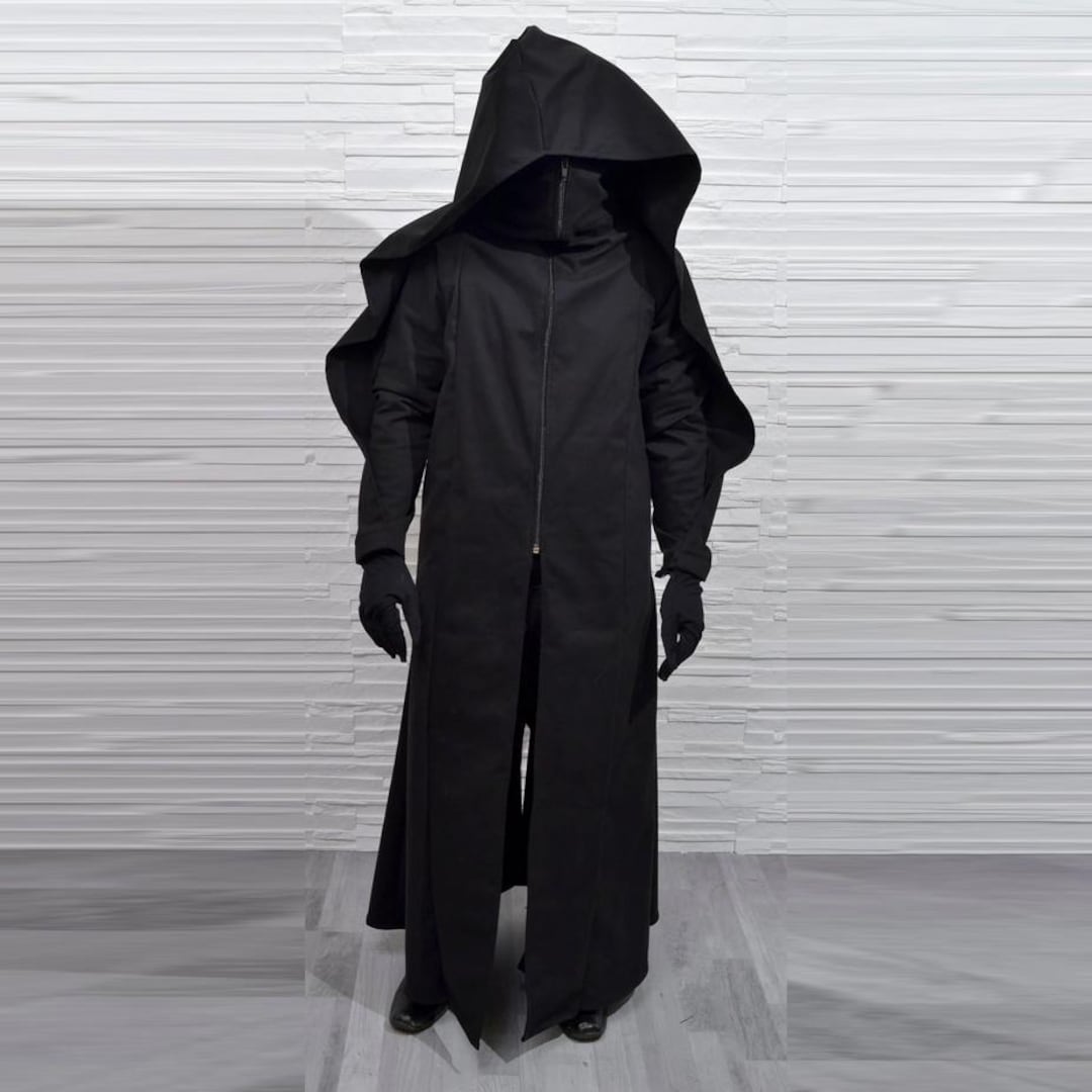 DARK VICAR Coat ( Large Hood Mens Black Dark Wizard Longcoat Regal