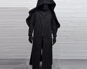 DARK VICAR coat ( large hood mens black dark wizard longcoat regal reaper ritual full length long coat wiccan pagan witch plague doctor)