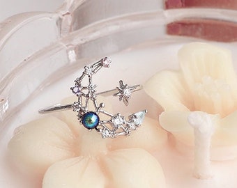 Midnight Moon Ring, celestial ring, adjustable ring, star ring, rose gold and silver ring, gift, starburst ring, crescent moon, gift