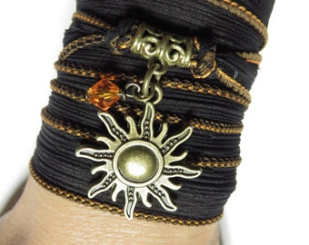 Sun Hand Dyed Silk Wrap Bracelet Yoga Bracelet Black Wrist Band Wrap Bracelet Yoga Jewelry Sun Jewelry Beach Jewlery Bohemian Wrap For Her