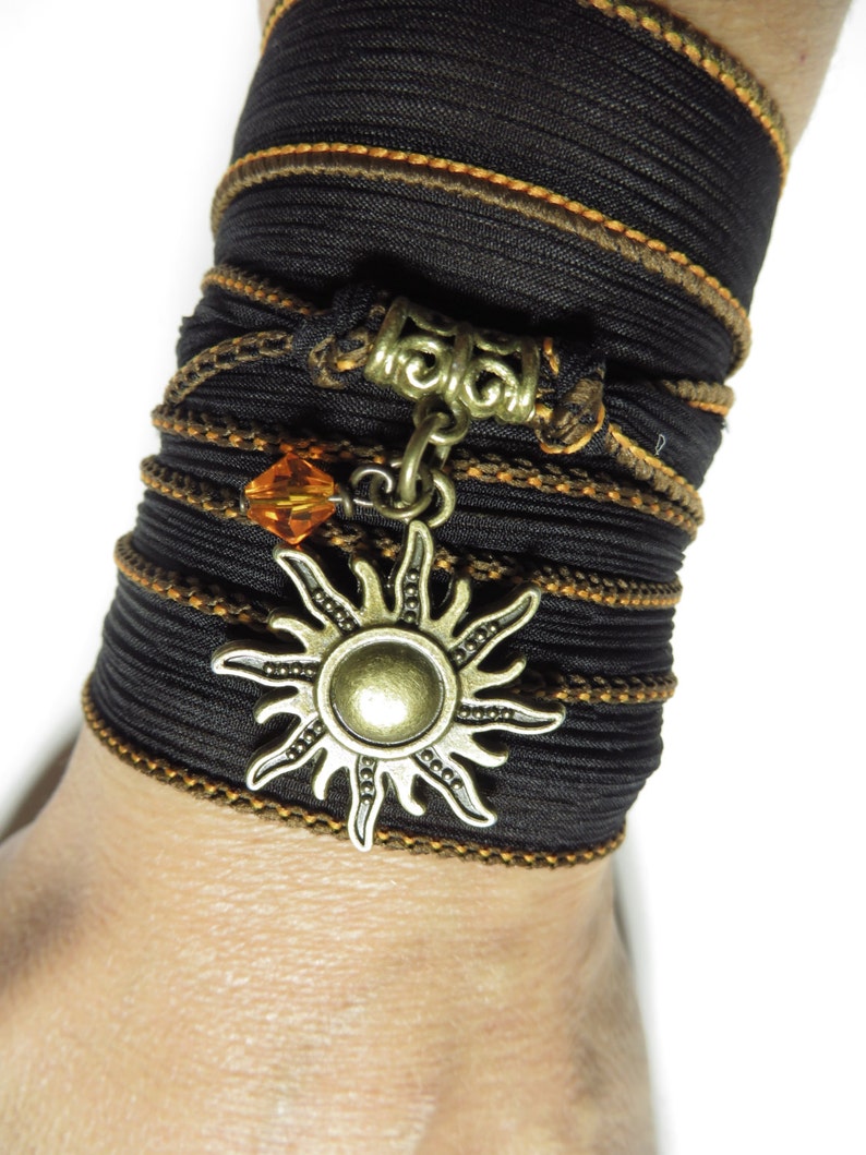 Sun Hand Dyed Silk Wrap Bracelet Yoga Bracelet Black Wrist Band Wrap Bracelet Yoga Jewelry Sun Jewelry Beach Jewlery Bohemian Wrap For Her