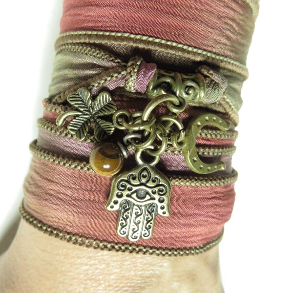 Protection Hamsa Silk Wrap Bracelet,Yoga Jewelry,Bohemian Earthy Jewelry,Good Luck Arm Band,Tiger Eye,Four Leaf clover,Birthday,Unique Gift