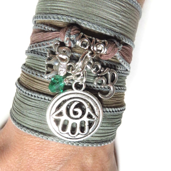 Namaste Om Hamsa Wrap Silk Bracelet Yoga Jewelry Om Bohemian Bracelet Elephant Spiritual Zen jewelry Birthday Unique Gift For Her Under 30