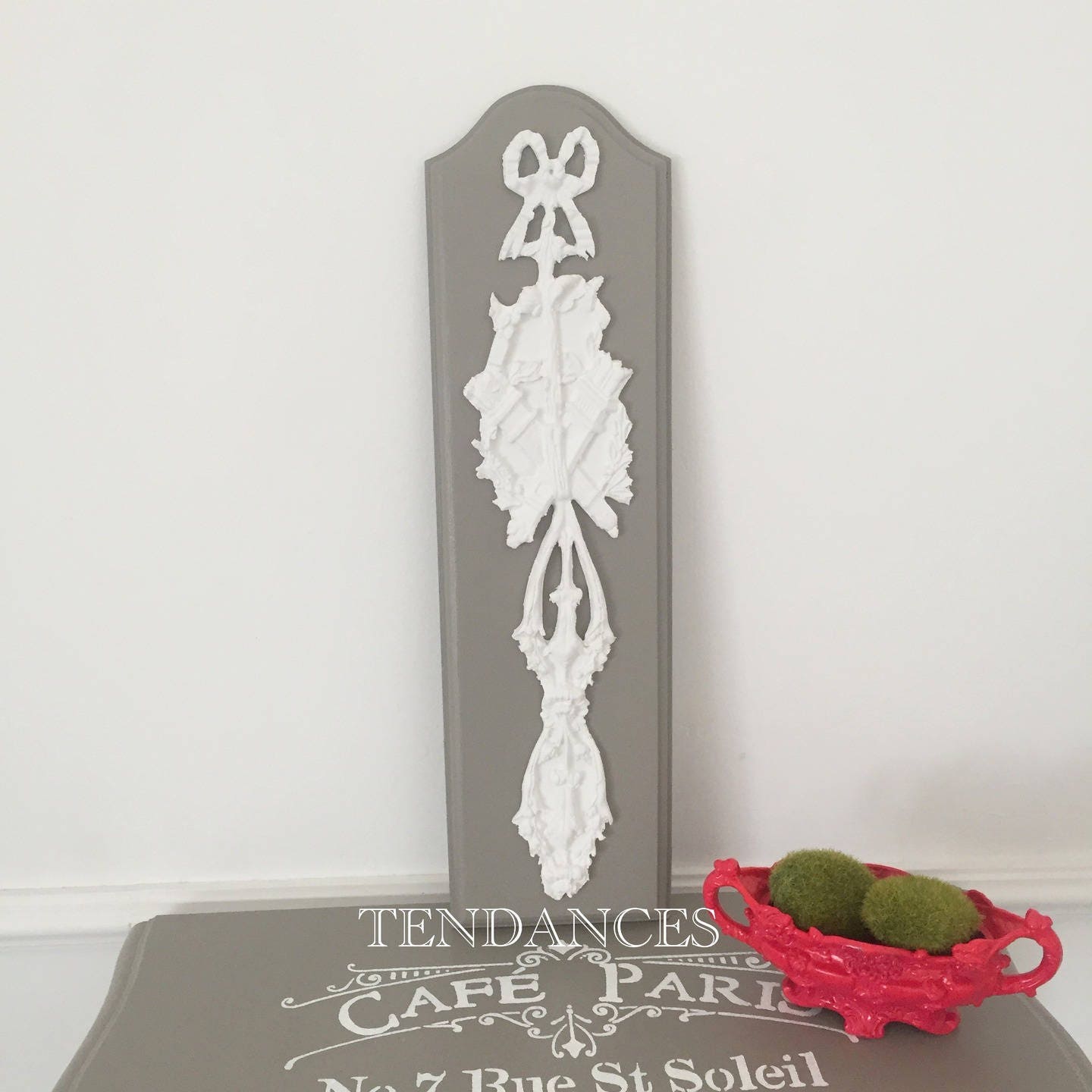 Plaque en Bois Taupe Decorative Platre Blanc 44, 5 X 15 cm