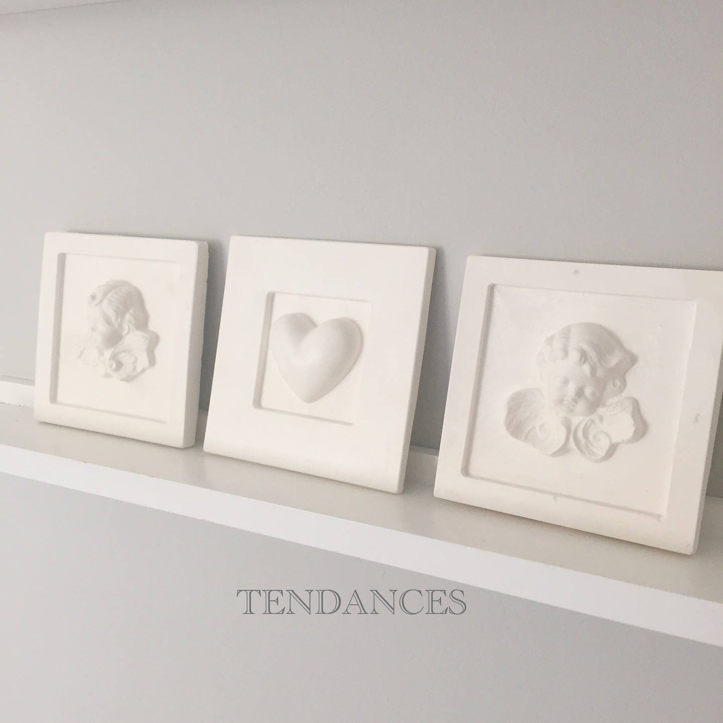 Triptyque de Cadre en Plâtre Carré Anges Coeur 14, 5 cm