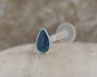 Labret Tragus Conch Cartilage Flat Back Earring / Drop shape / Blue / Sterling Silver