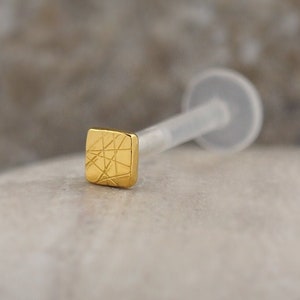 3mm Gold Square Labret – Flat Back Earring for Tragus, Helix, Monroe, Madonna, Lip & Cartilage Piercings
